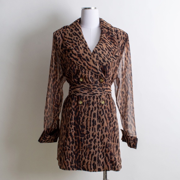 Vintage 90’s Sheer Sleeve Blazer Leopard Print Dress - Picture 4 of 6